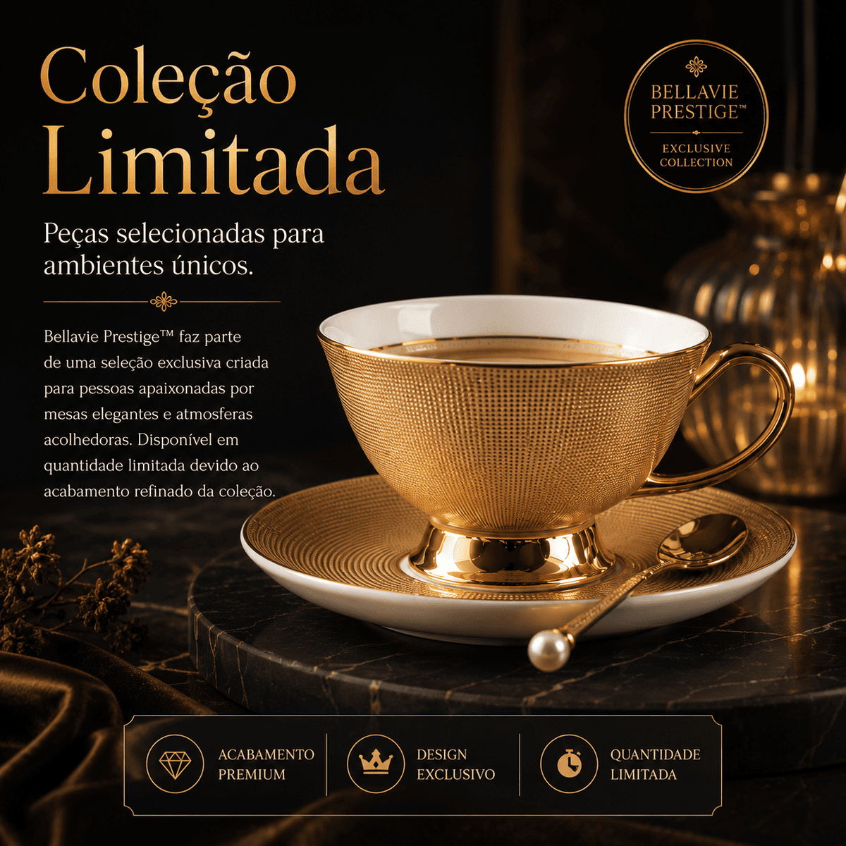 Bellavie Prestige™ | Xícara Premium Inspirada nos Cafés Europeus com Acabamento Dourado Elegante