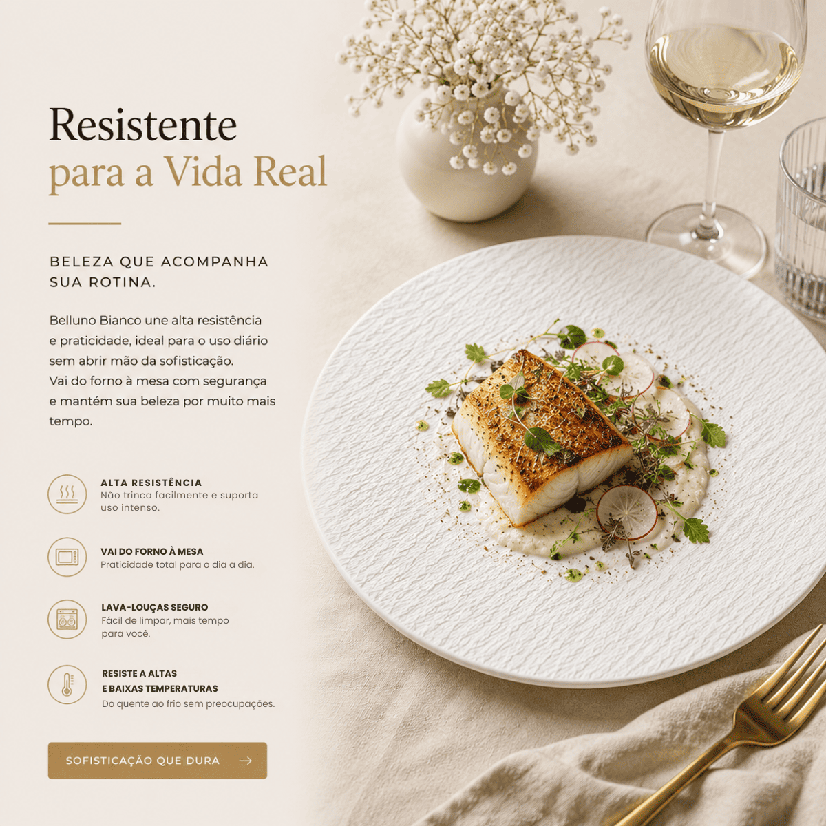 Belluno Bianco™ | Prato Cerâmico Branco Fosco para Mesa Posta Sofisticada