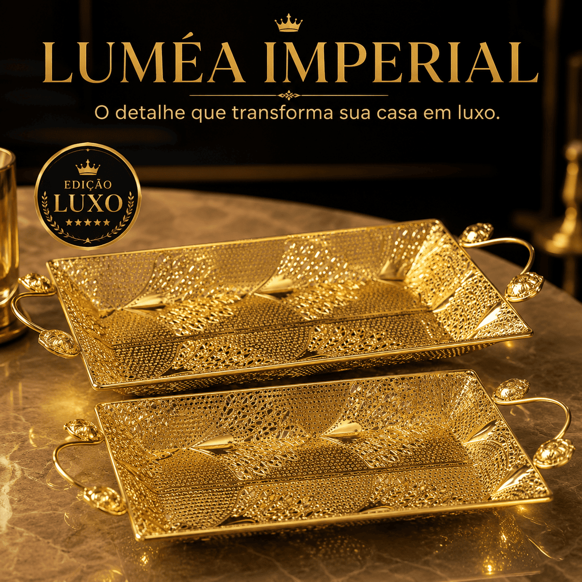 Luméa Imperial™ | Bandeja Decorativa Luxo Dourada Europeia Para Mesa Posta, Frutas e Decoração Sofisticada