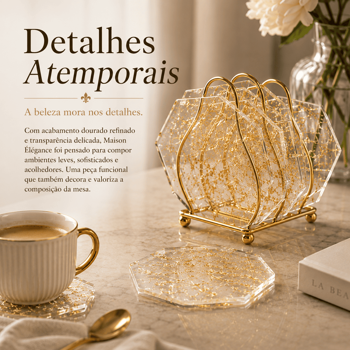 Maison Élégance™ | Kit Porta-Copos Sofisticado com Suporte Dourado