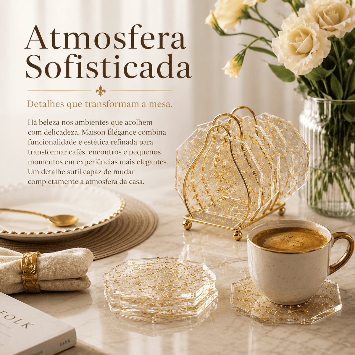 Maison Élégance™ | Kit Porta-Copos Sofisticado com Suporte Dourado