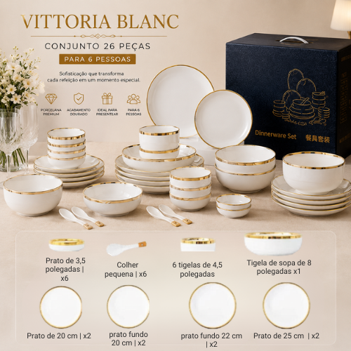Vittoria Blanc™ — Jogo de Jantar em Porcelana | Luxo Dourado