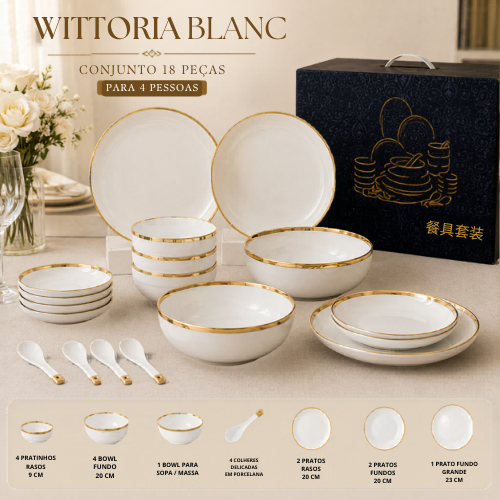 Vittoria Blanc™ — Jogo de Jantar em Porcelana | Luxo Dourado
