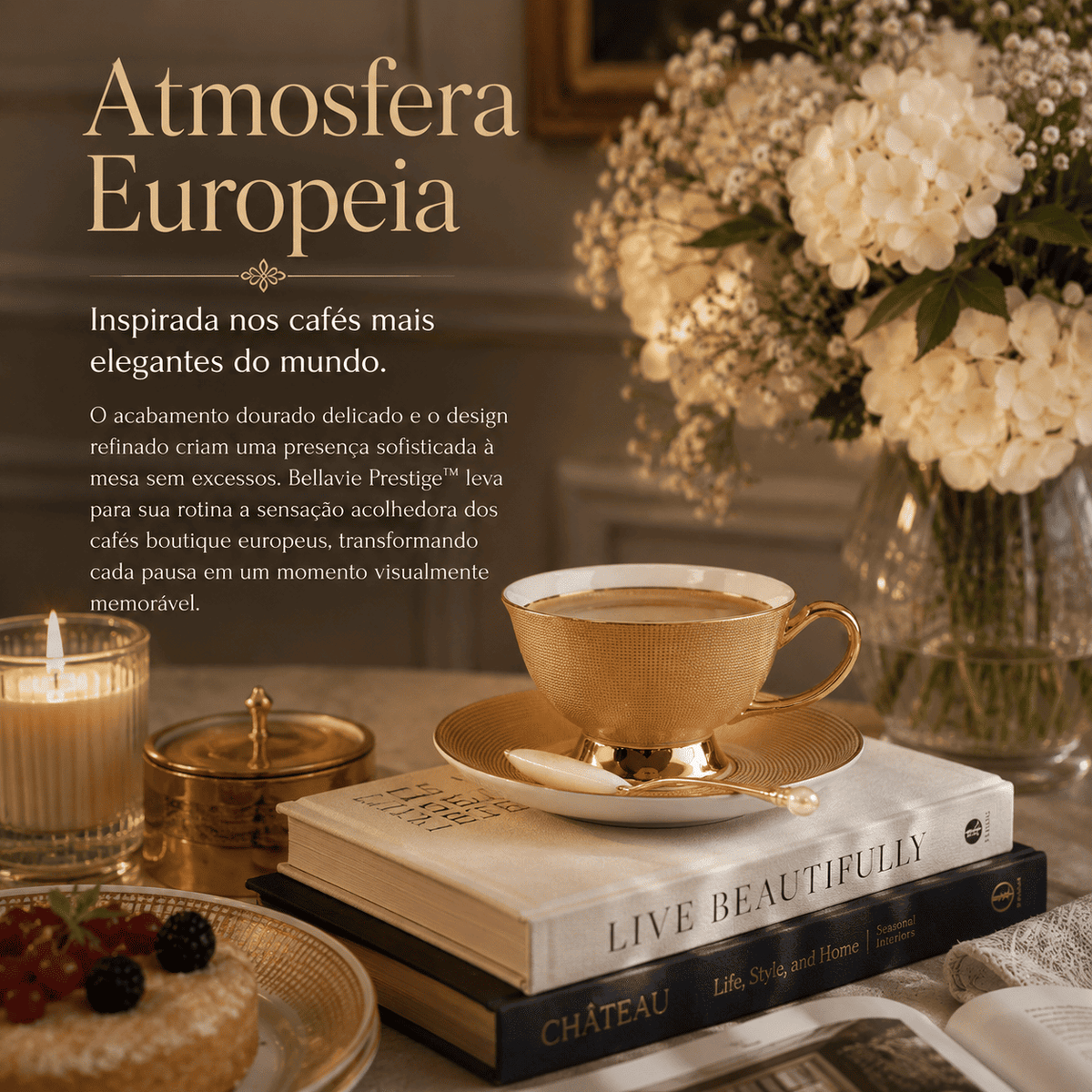 Bellavie Prestige™ | Xícara Premium Inspirada nos Cafés Europeus com Acabamento Dourado Elegante