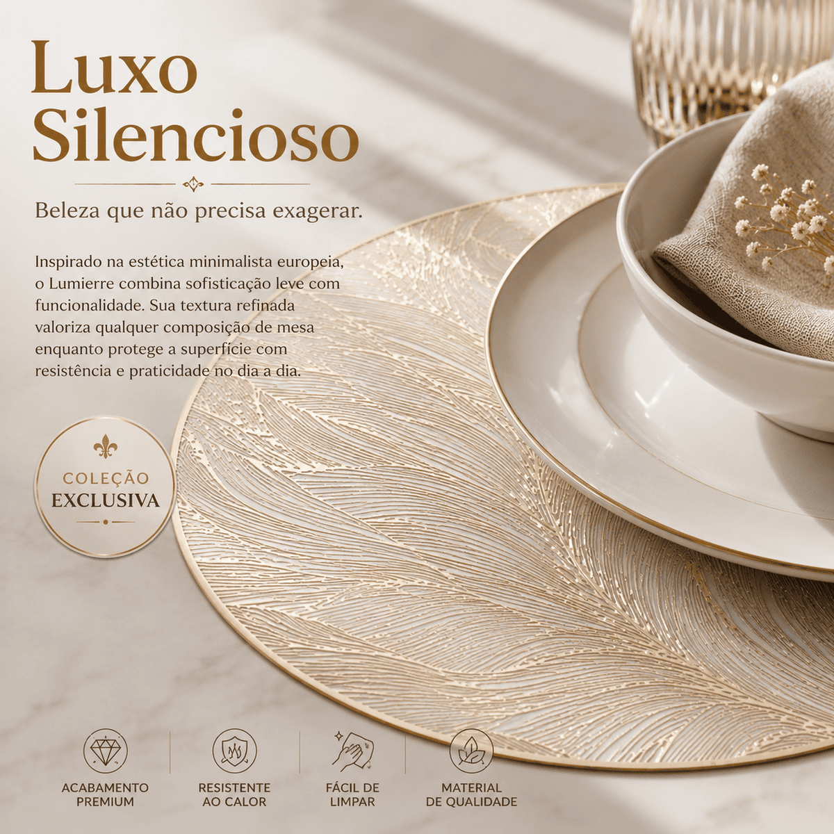 Lumierre Placemat Elegância em Sousplat Dourado