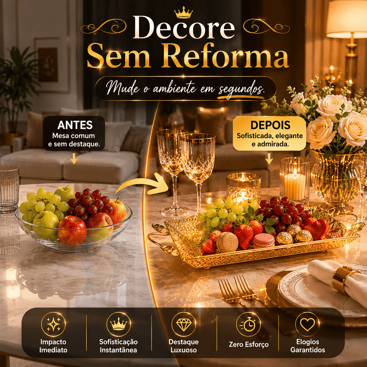 Luméa Imperial™ | Bandeja Decorativa Luxo Dourada Europeia Para Mesa Posta, Frutas e Decoração Sofisticada
