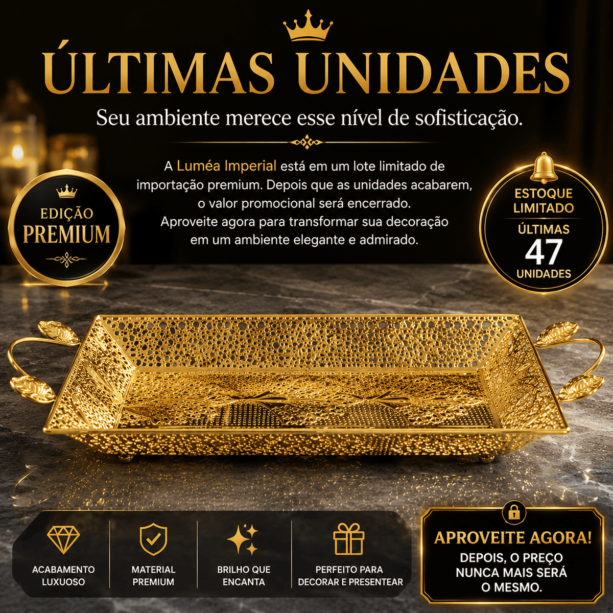 Luméa Imperial™ | Bandeja Decorativa Luxo Dourada Europeia Para Mesa Posta, Frutas e Decoração Sofisticada