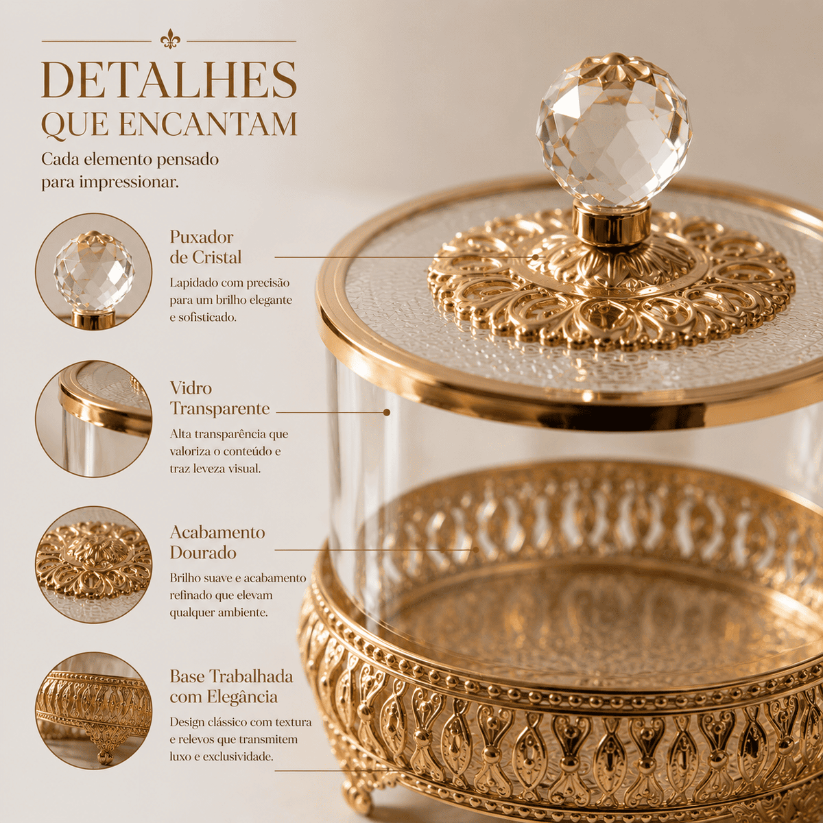 Pote de Vidro Luxuoso Estilo Europeu para Doces | Pote de Armazenamento Sofisticado |Lumière D'or