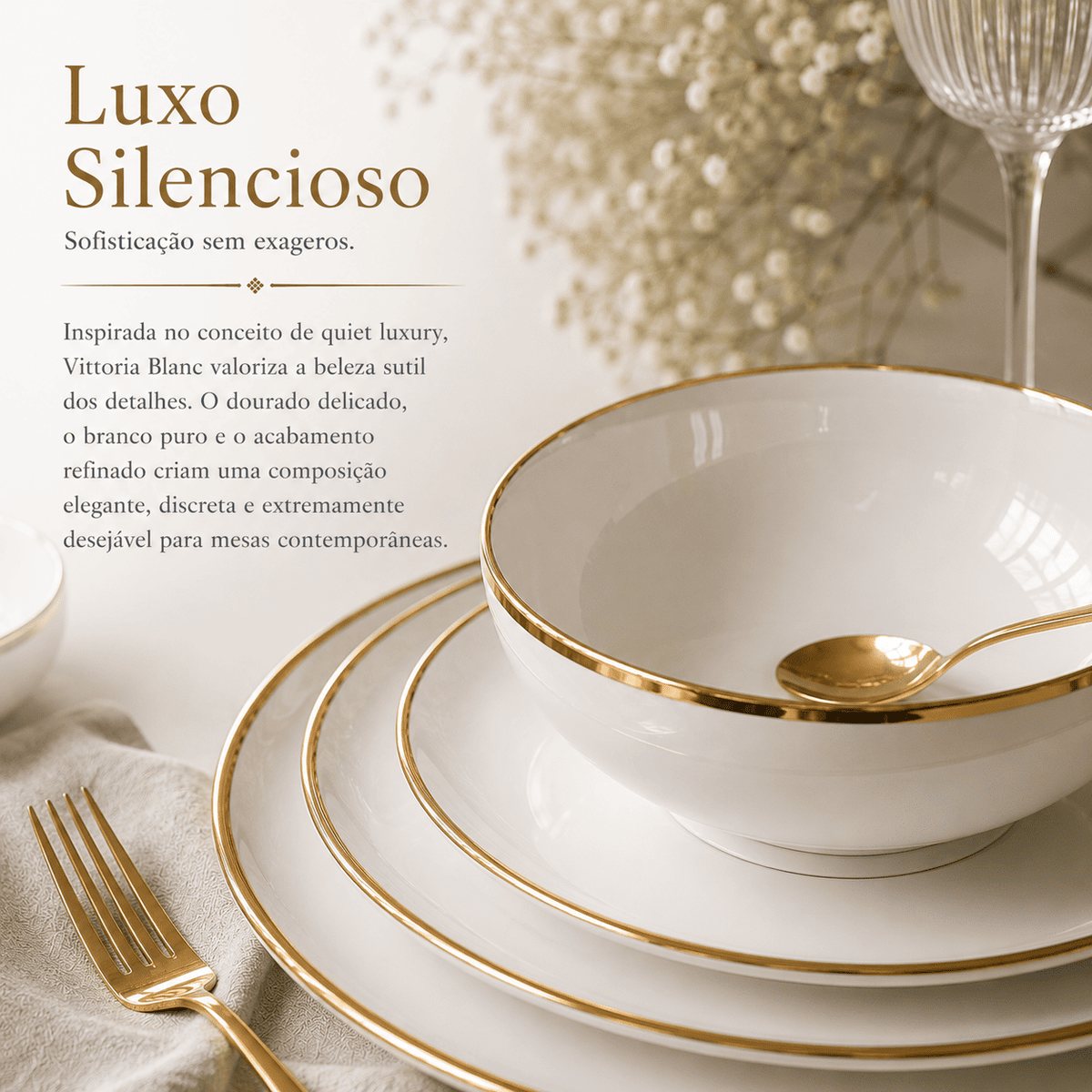 Vittoria Blanc™ — Jogo de Jantar em Porcelana | Luxo Dourado